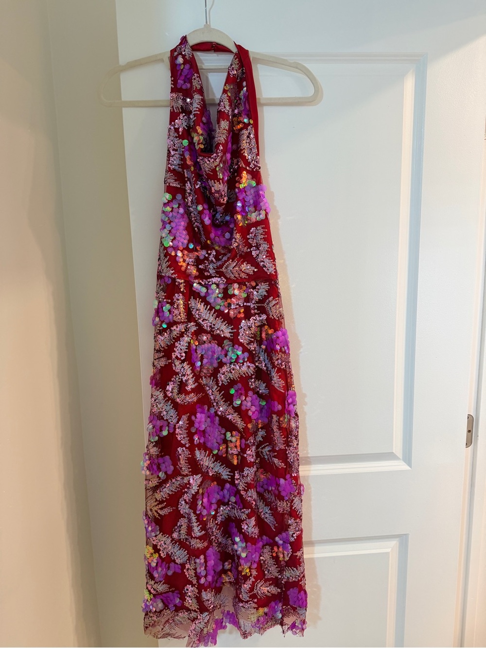 Red Halter Sequin Evening Dress